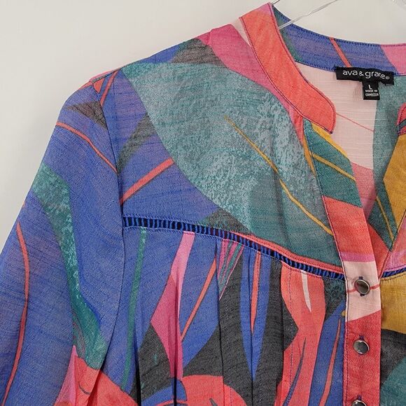 Ava & Grace Blouse Womens Large Colorful Abstract Print Popover 3/4 Sleeves - Picture 7 of 11